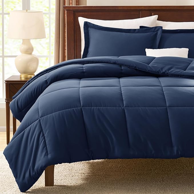 CozyLux Oversized King Comforter Set, 3 Pieces Navy Blue 120x98 Box Stitched - Image 7