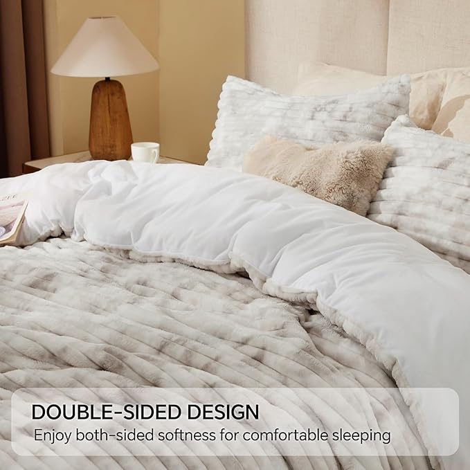 BEDELITE Fleece Queen Comforter Set -Super Soft & Warm Fluffy Grey&White Bedding - Image 5