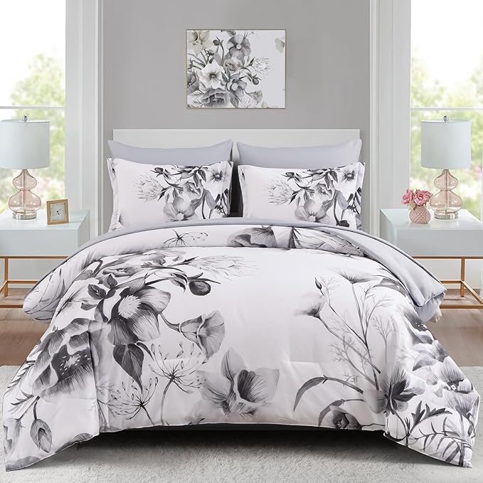 Luxudecor Floral Comforter Set Full Size 7 Piece, Elegant Ink Comforter Bedding by Luxudecor