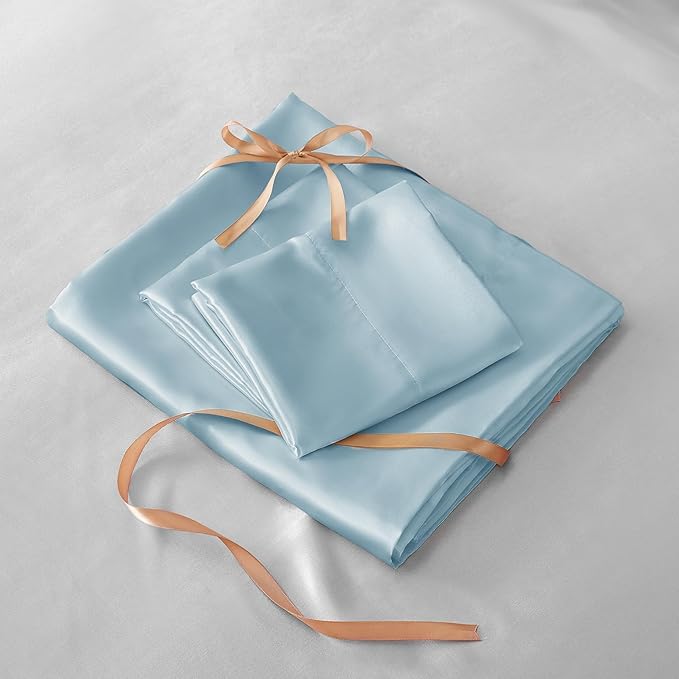 BEDELITE Satin Sheets Full Size Bed Set, Luxury Soft Light Blue Silky Sheet - Image 7