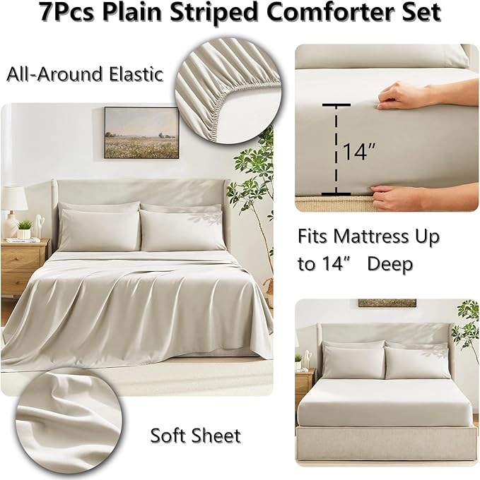 CozyLux Full Size Comforter Sets Oatmeal, 7 Pieces Bed in a Bag, Oatmeal - Image 5
