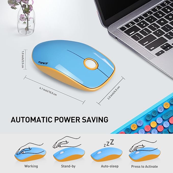Keyboard and Mouse Wireless,Cute Retro Wireless Keyboard Mouse Combo with Round Key,2.4Ghz Dropout-Free Connection,Typewriter Wireless Keyboard Mouse Set for PC Laptop Desktop Computer-Blue Colorful-DeskoryOffice