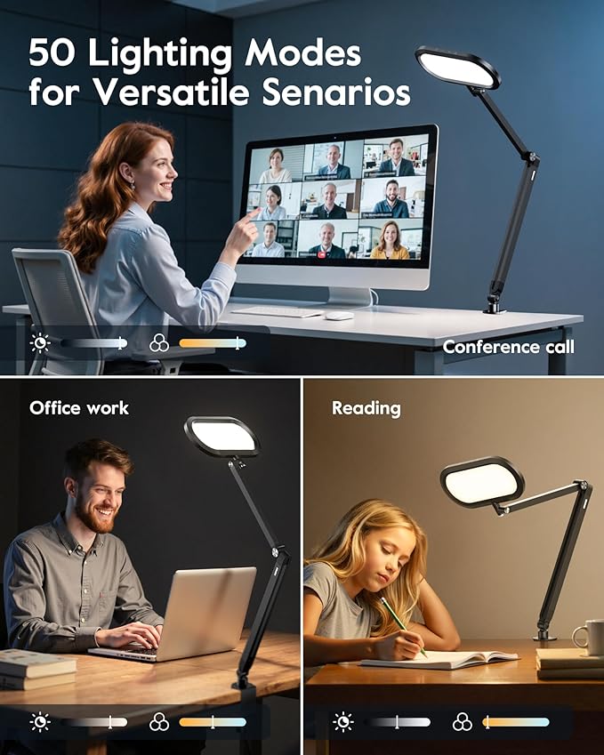 Desk Lamp for Home Office, Eye-Care Dual-Sided Seamless Dimmable LED Desk Light with Knob Remote, Adjustable Arm Clamp Computer Lighting for Video Conference Recording, Zoom Call, Task, Stream-DeskoryOffice