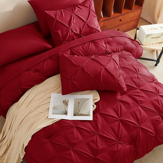 CozyLux Full Size Comforter Sets Dark Red, 7 Pieces Pintuck Bed in A Bag Red - Image 4