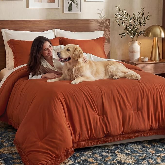 Andency Queen Comforter Set Burnt Orange, 3 Pieces Boho Terracotta Fall Tassel - Image 9