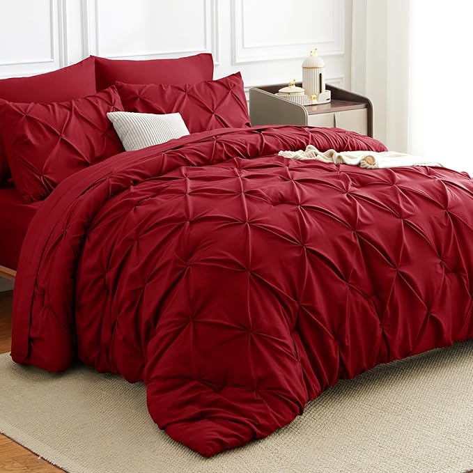 HIMEET Pintuck Bed in a Bag, 7 Pieces Full Size Comforter Set Dark Red by Unknown