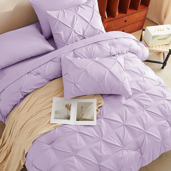 CozyLux Queen Comforter Set Lavender, 7 Pieces Pintuck Bed in A Bag, Premium - Image 4