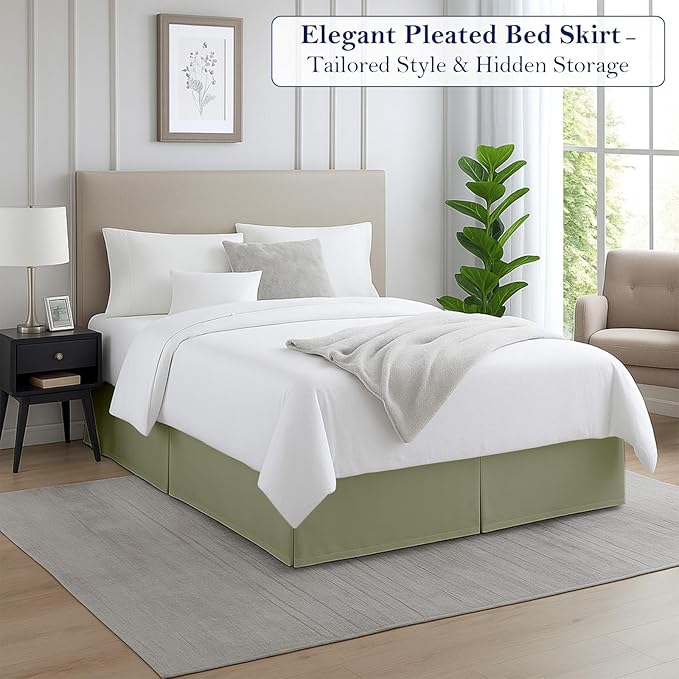 Full Bed Skirt, Luxury 15 Inch Drop Sage Pleated Bed Skirt, Double Brushed Microfiber, Box Pleat Design, Wrinkle & Fade Resistant, Easy Fit Tailored Bedskirt for Full Size Beds