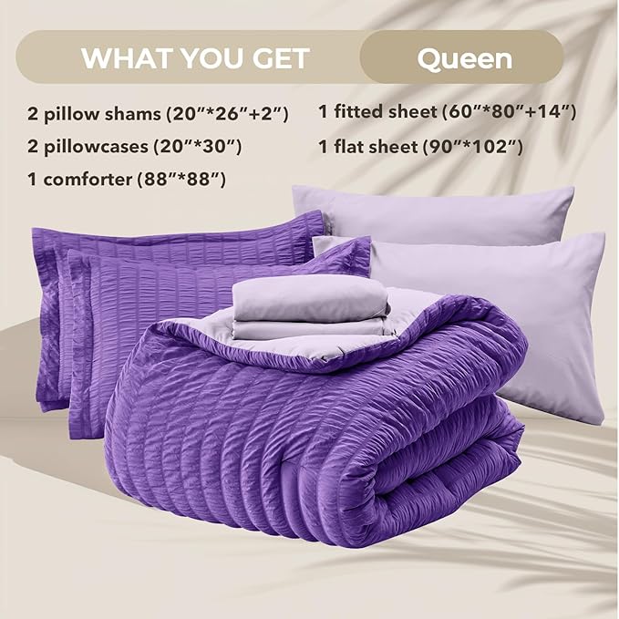 HYMOKEGE Dark Purple/Lavender Queen Comforter Set Seersucker 7 Pieces, All - Image 6
