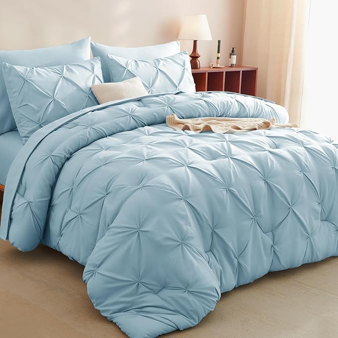 CozyLux King Size Comforter Set Light Blue, 7 Pieces Pintuck Bed in A Bag Blue by CozyLux
