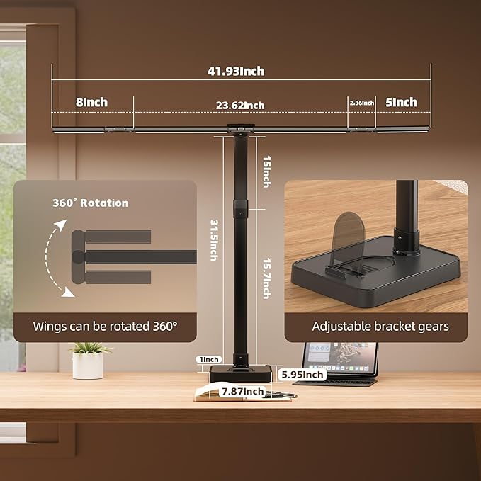 LED Desk Lamp for Home Office - 24W Bright Double Head Desk Light with Clamp Eye Caring Architect Task Light 25 Lighting Modes Adjustable Flexible Gooseneck Lamp (All Black)-DeskoryOffice