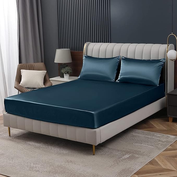 Homiest Deep Sea Blue Satin Fitted Sheet Twin XL Size, Deep Pocket, Luxury & by Homiest