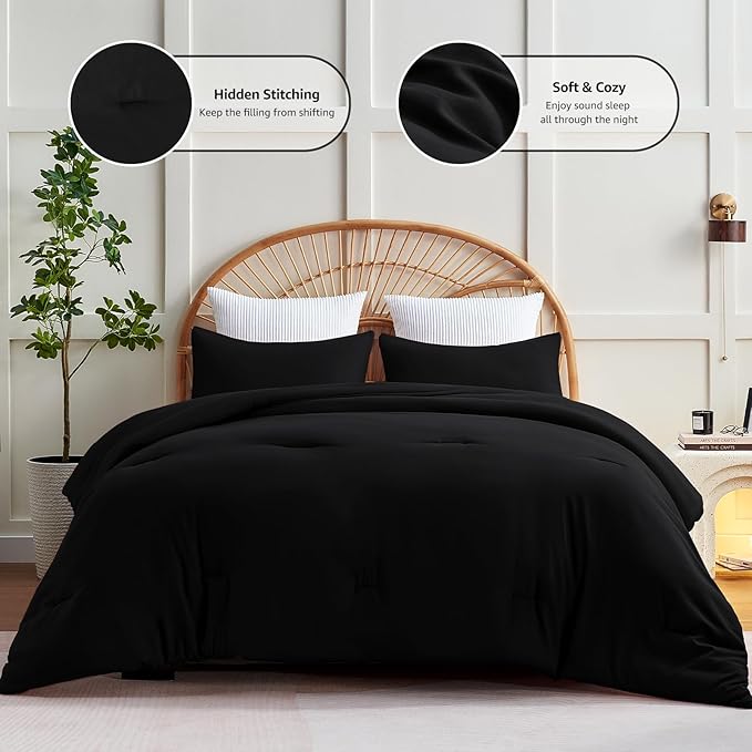 CozyLux King Size Comforter Set Black, 3 Pieces Solid Comforters King Size - Image 3