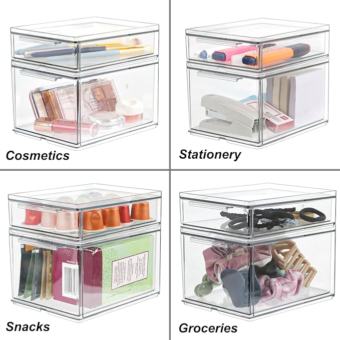 Set of 2 Stackable Storage Drawers - 6.7" Clear Plastic Drawer Storage, Acrylic Makeup Organizer, Desk Counter Cabinet Office Organizer, Bathroom Organizers and Storage (Modern/Set of 2)-DeskoryOffice