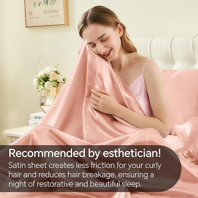 BEDELITE Satin Sheets Full Size Bed Set, Luxury Soft Coral Pink Silky Sheets - Image 4