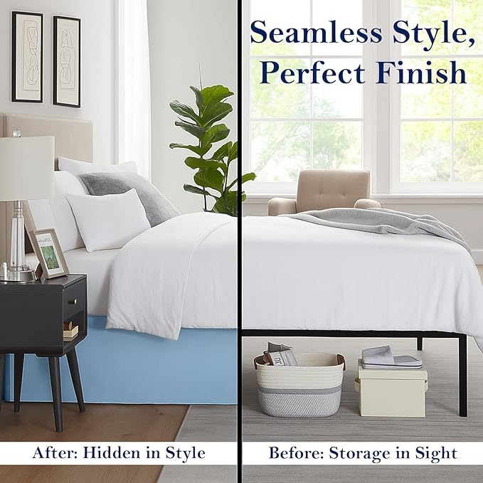 King Bed Skirt, Luxury 12 Inch Drop Light Blue Pleated Bed Skirt, Double Brushed Microfiber, Box Pleat Design, Wrinkle & Fade Resistant, Easy Fit Tailored Bedskirt for King Size Beds