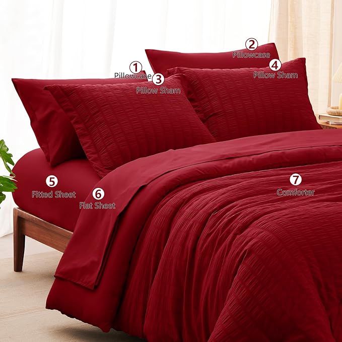 CozyLux Oversized King Comforter Set Dark Red Seersucker 7 Pieces 120x98 Bed in - Image 8