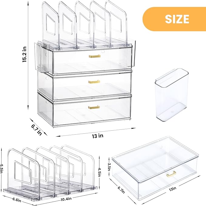 Acrylic Desk Organizer Set, 3 Pack Stackable Desktop Drawer Organizer with 4 Vertical File Holders and 2 Pen Holders, Desk Organizers and Accessories for Home Office Storage-DeskoryOffice