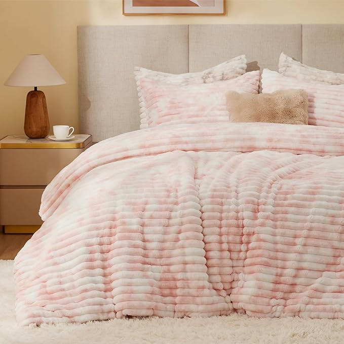 BEDELITE Fleece Twin Comforter Set -Super Soft & Warm Fluffy Pink&White Bedding by BEDELITE