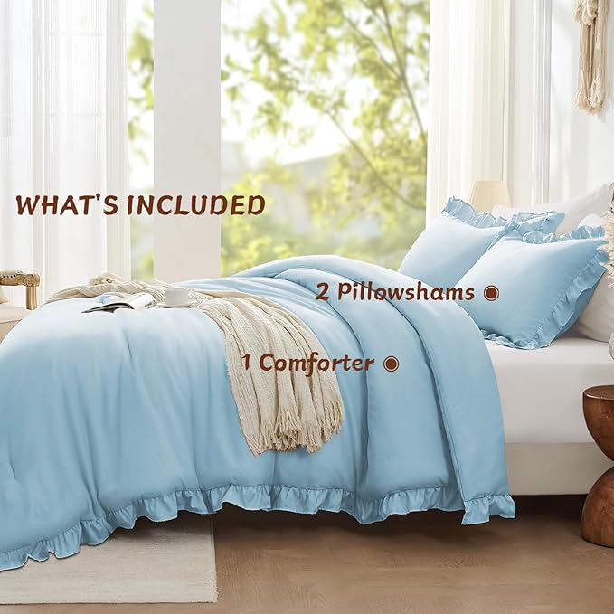 FUANNA Queen Comforter Set Light Blue, 3 Pieces Ruffle Queen Bed Set, Fluffy - Image 5