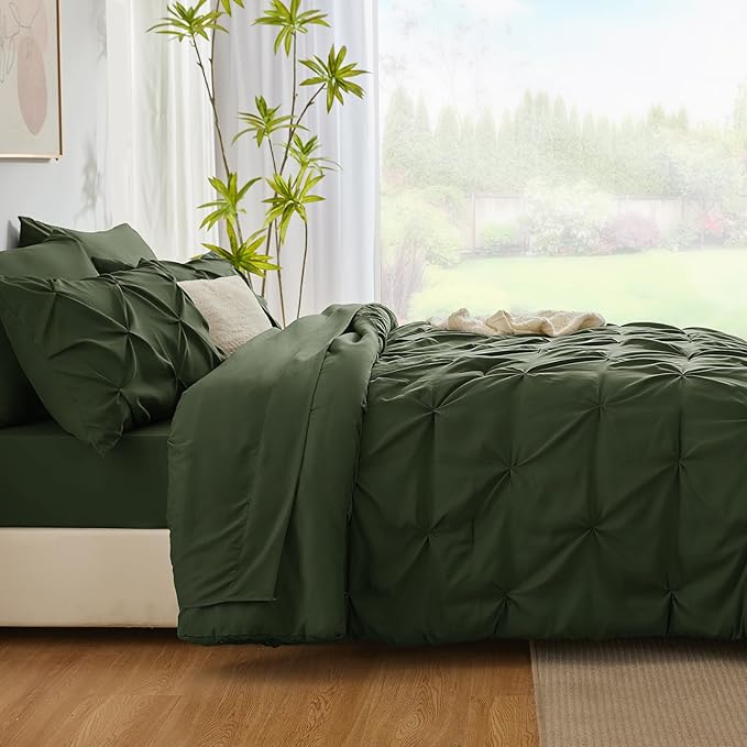 CozyLux Queen Comforter Set Olive Green, 7 Pieces Pintuck Bed in A Bag - Image 8