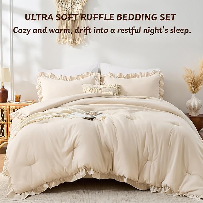 FUANNA Queen Comforter Set Beige 3 Pieces, Ruffle Shabby Chic Queen Bed Set - Image 3
