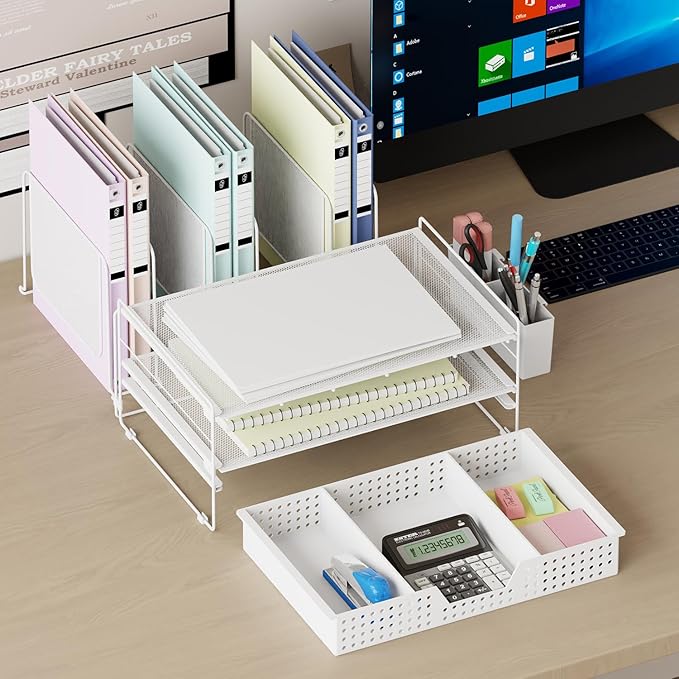 Desk Organizer, Office Organization with Vertical File Holder, File Organizer with Drawer and Pen Holder, Desk Accessories and Workspace Organizers for Home Office (White)-DeskoryOffice