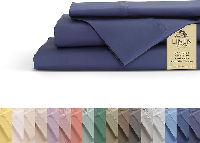 Linen Home 100% Cotton Percale Sheets King Size, Dark Blue, Deep Pocket by LINENHOME
