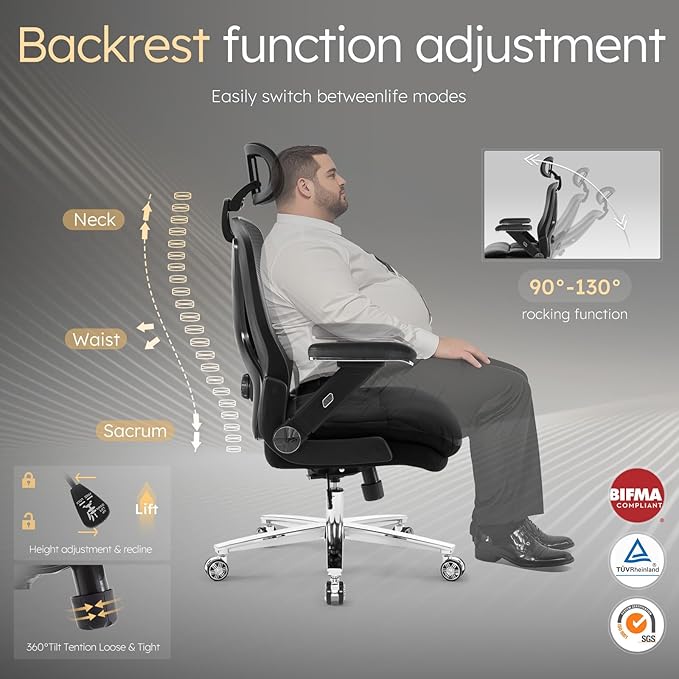 750lbs Big and Tall Office Chair- Heavy Duty Executive Chair with 5D Flip Arms and Adjustable Lumbar Support, Ergonomic Mesh High Back Desk Chair, Ergonomic Executive Home Office Computer Chair-DeskoryOffice