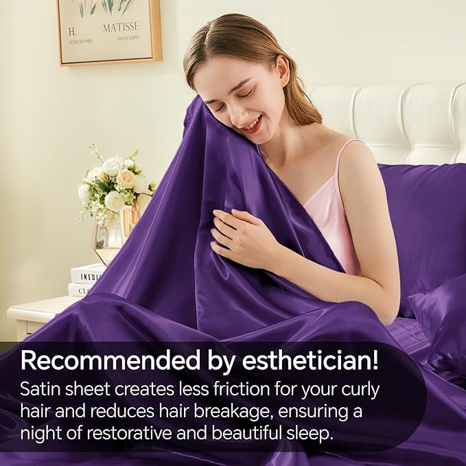 BEDELITE Satin Sheets Full Size Bed Set, Luxury Soft Plum Purple Sheets - Image 4