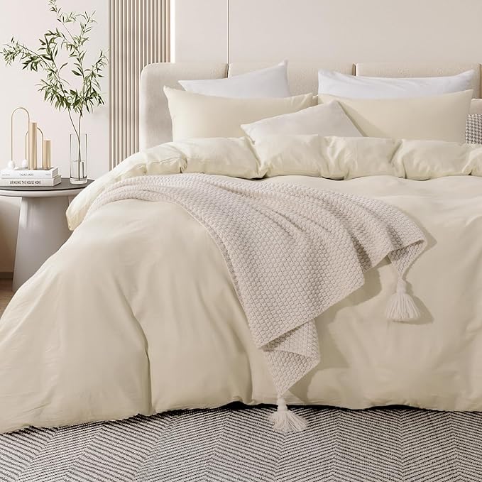 NEXHOME PRO Duvet Cover Set Queen Size Linen Feel Textured Cream Grey Organic by NEXHOMEPRO