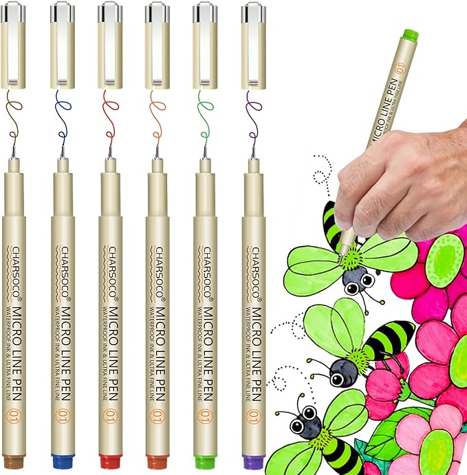 01 Micro Pen, Fine Point Pen with 6 Colors, Waterproof Archival Ink, 0.25mm Fineliner Ink Pens for Artist Illustration, Sketching, Anime, Manga, Technical Drawing and Scrapbooking-DeskoryOffice