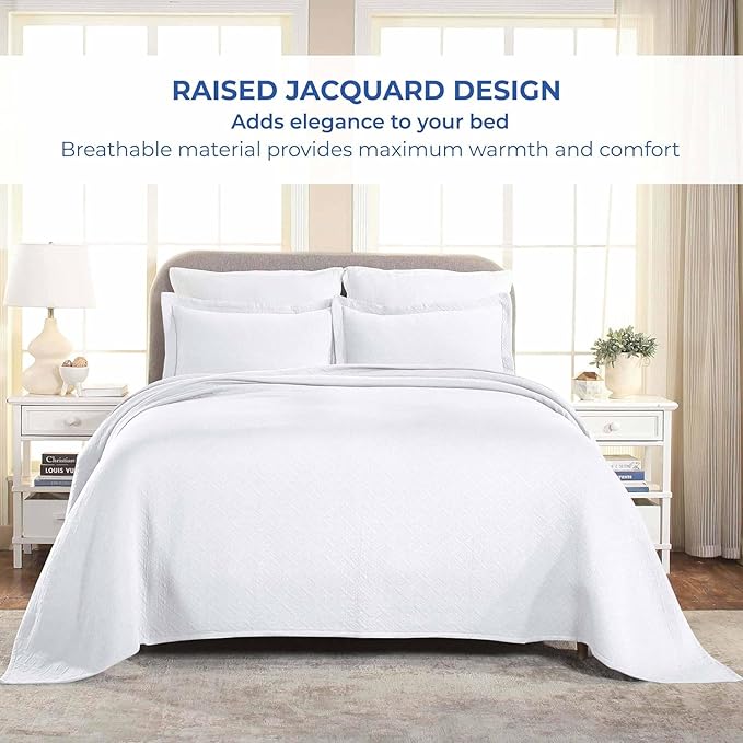 Superior 3 Piece Basketweave Cotton Bedspread Set, Home Bed Decor, Decorative Bed Spread, 2 Pillow Shams, Medium Weight Blanket, Matelasse Coverlet Bedding, Geometric Lattice Pattern, Full, White
