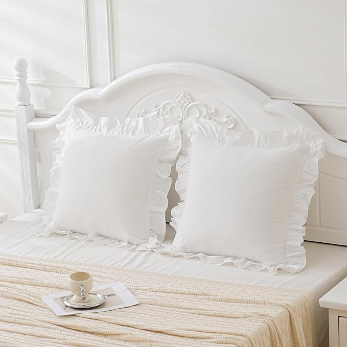 Vintage Off White Ruffle Euro Shams Shabby Farmhouse Pillow Cover 100% Washed - Image 3