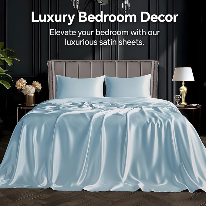 BEDELITE Satin Sheets Full Size Bed Set, Luxury Soft Light Blue Silky Sheet - Image 2