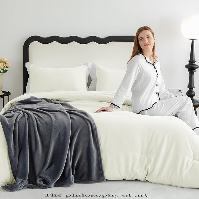CozyLux Full Size Comforter Set Ivory, 3 Pieces Solid Breathable Quilted - Image 8