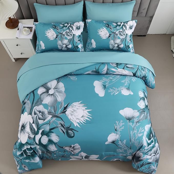 Luxudecor Floral Comforter Set King Size 7 Piece, Teal Blue Flower Bed in a Bag - Image 3