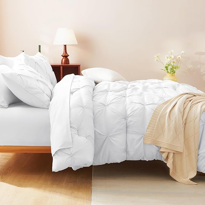 CozyLux King Size Comforter Set White, 7 Pieces Pintuck Bed in A Bag White - Image 5