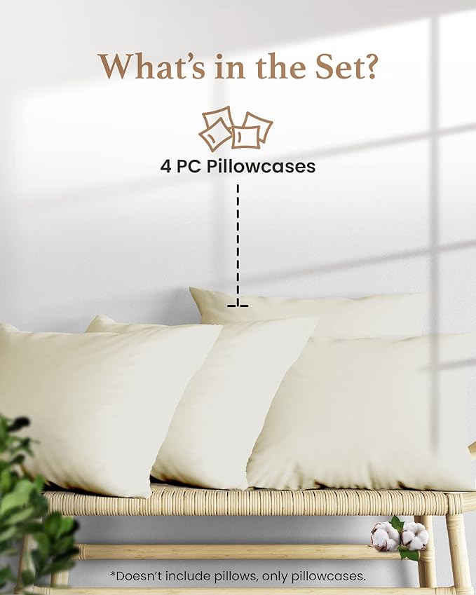 Set of 4 Pillow Cases King, 800 TC 100% Egyptian Cotton, Silky Soft Sateen - Image 2