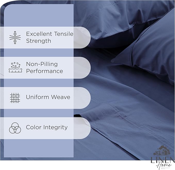 Linen Home 100% Cotton Percale Sheets Full Size, Dark Blue, Deep Pocket - Image 2