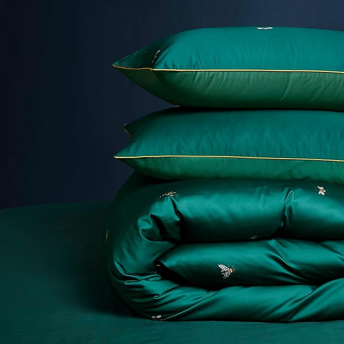 mixinni Dark Green Duvet Cover King Size, 100% Long Staple Cotton Honeybee - Image 7