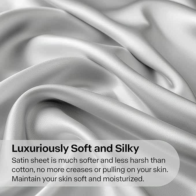 BEDELITE Satin Sheets Twin Size Bed Set, Luxury Soft Grey Silky Sheets - Image 3