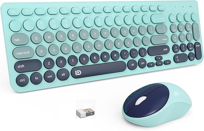 FD Wireless Keyboards and Mouse Combo - 2.4GHz USB Cordless, Cute Wireless Keyboard Round Keys, Quiet and Slim Set for Laptop, Computer, TV and Mac - Indigo Blue Colorful-DeskoryOffice
