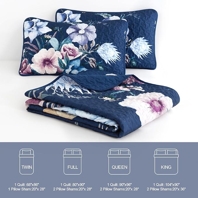 Drucon Blue Floral Quilt Set Queen Size 3 Pieces Blue Botanical Flower Quilt - Image 7
