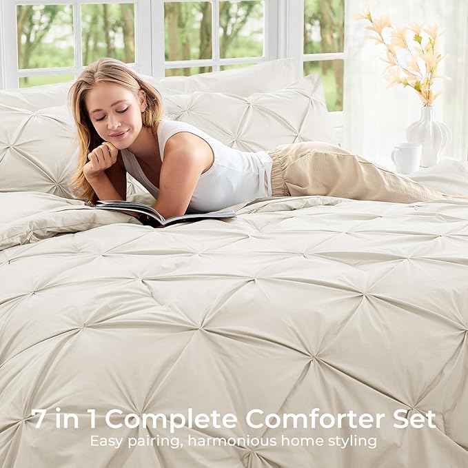 Sasttie California King Comforter Set, 7-Piece Bed in a Bag Cal King, Pintuck - Image 6