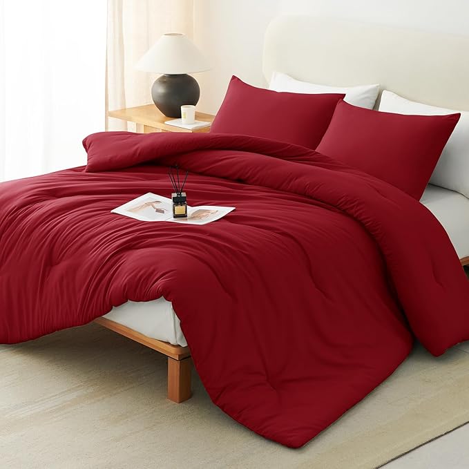 CozyLux King Size Comforter Set Dark Red, 3 Pieces Solid Comforters King Size - Image 8