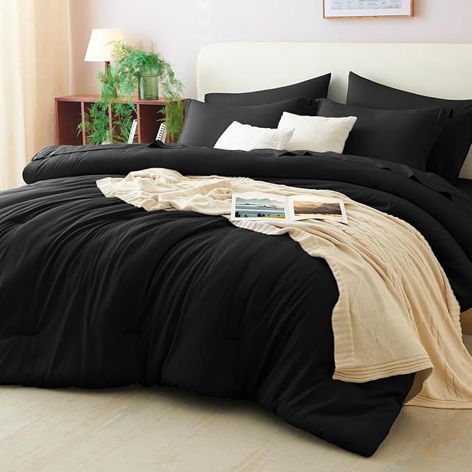 CozyLux California King Comforter Set Black, 7 Pieces Cal King Bed in a Bag Bed by CozyLux