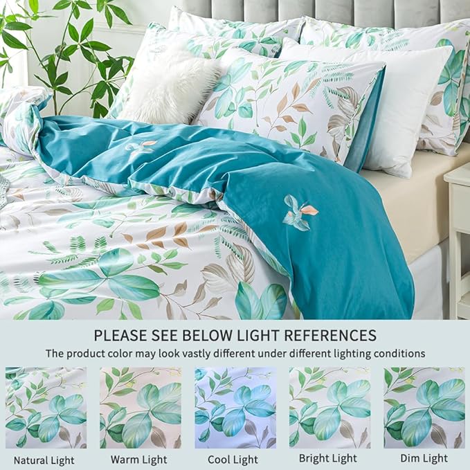 FADFAY Botanical Duvet Cover Sets Queen Size 100% Cotton Teal Green Leaves - Image 4