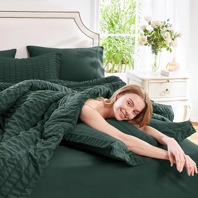 CozyLux Queen Comforter Set Forest Green Seersucker 7 Pieces Bed in a Bag Queen - Image 7