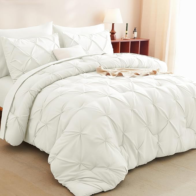 CozyLux Full Size Comforter Sets Ivory, 7 Pieces Pintuck Bed in A Bag Ivory by CozyLux